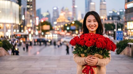 Fototapeta premium Smiling Asian woman holding a large bouquet of red roses in a city at dusk. Romantic gift, love celebration, urban lifestyle and Valentines Day concept with copy space.