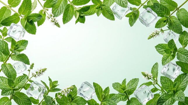 Fresh green mint leaves and ice cubes arranged as a decorative frame border for food design