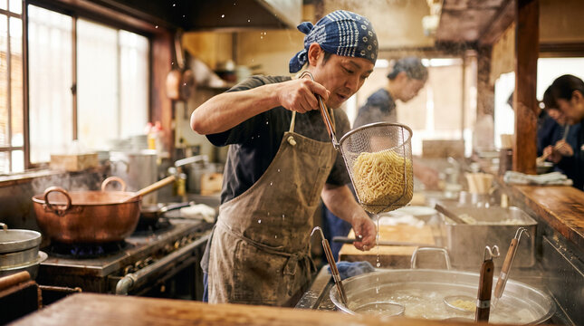 Action shot in an authentic Japanese kitchen showing a chef dramatically lifting fresh ramen noodles from boiling water with a mesh basket, surrounded by steam and water droplets.