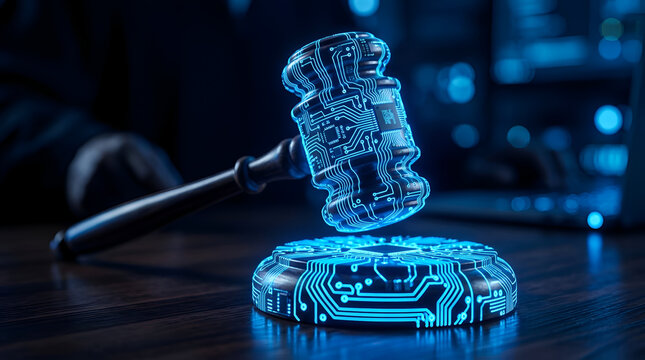 Futuristic neon blue judge gavel with digital circuit patterns representing cyber law artificial intelligence ethics and legal tech regulations