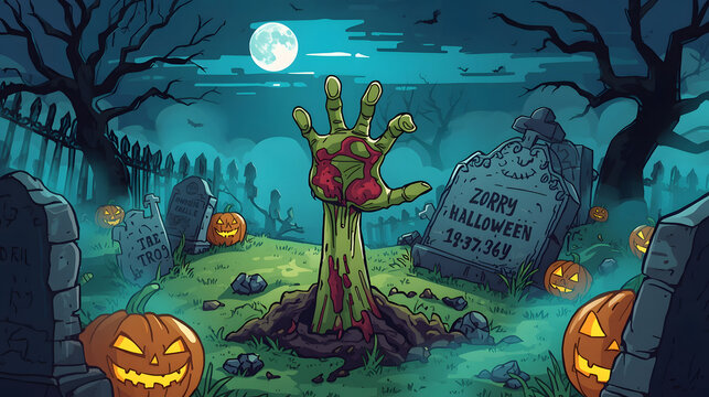 Spooky Halloween graveyard scene with a zombie hand rising from a grave under a full moon, surrounded by glowing jack-o'-lanterns and old tombstones.