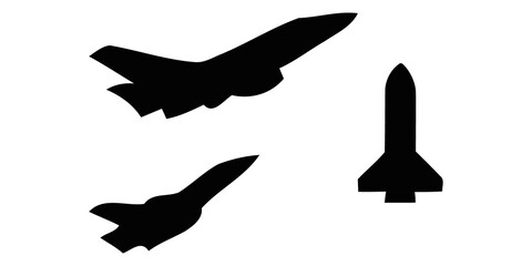 Aviation silhouette set featuring fighter jets and space rocket, black aircraft icons on white background. Military airplane and spacecraft collection for aerospace design and flight graphics. © Ashraful
