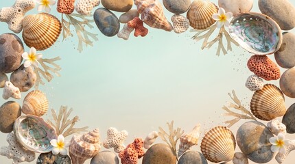 Fototapeta premium Frame of sea shells and smooth grey stones with tropical flowers for summer beach holiday design