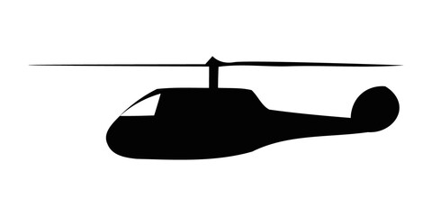 Minimalist helicopter silhouette on white background. Black aircraft icon for aviation design. Simple chopper profile for transportation graphics. Modern flight symbol for logistics projects. © Ashraful