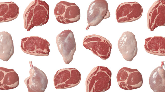 View of various raw meat cuts including beef steaks, lamb chops, and pork pieces arranged in a grid pattern on a white background surface