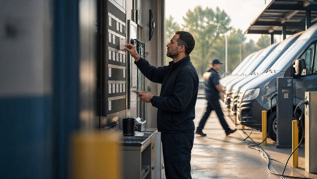 Fleet charging technician updating operations board beside electric vans