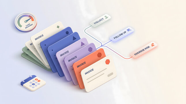 Modern invoice aging infographic illustrating receivables management, payment stages, overdue risk, collection workflow, and cash recovery for business finance operations.