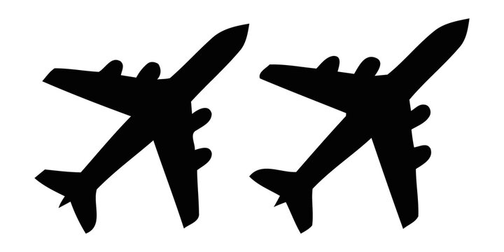Minimalist airplane silhouette icons, black commercial aircraft symbols on white background. Twin jet engine plane graphics for travel logistics, aviation flight transport design elements.