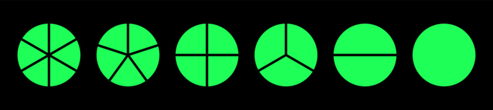 Circle division on 1 2 3 4 5 6 equal neon green parts. Pizza, pie chart layout set. Wheel round divided diagrams from one to six segments. Infographic green minimalist icons. Coaching blank mockup. 