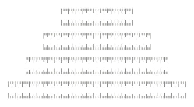 Ruler scale 10, 15, 20, 25 cm centimeters without numbers. Length measurement height, distance, math. Measuring chart with 100, 200, 150, 250 mm. Ruler scale, sewing tool template.