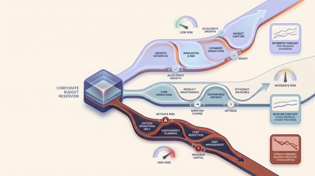 Scenario budgeting infographic showing multiple financial pathways for optimistic, baseline, and stress planning with resource allocation and risk monitoring.
