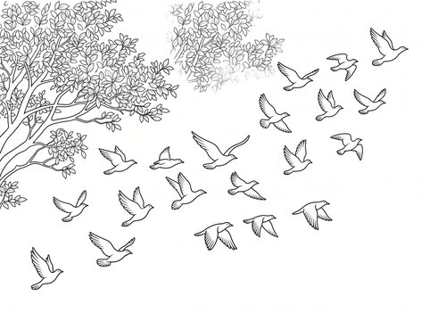 Flock of birds flying from tree line art illustration