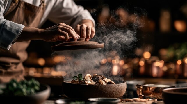 Chef uncovering steaming gourmet dish in dark restaurant