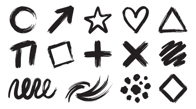 Hand Drawn Geometric Shapes Vector Set, Black Marker Doodle Star Heart Arrow Circle Element, Ink Brush Sketch Cross Rhombus Triangle Graphic Collection Isolated White Background