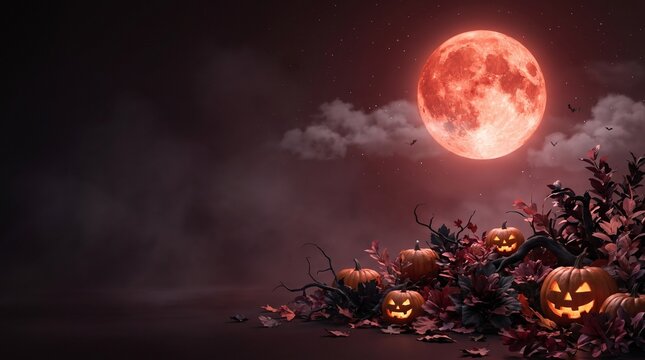 Spooky halloween background with glowing carved pumpkins under a large red blood moon in the night sky