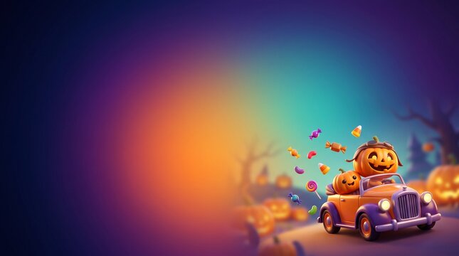 A festive vintage car carrying a large pumpkin on the roof during a magical halloween night celebration