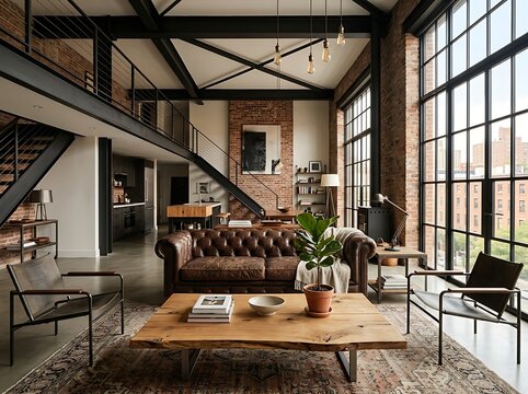 Modern industrial loft apartment with open-plan living space and vintage decor elements