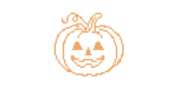Cross stitch halloween pumpkin element. Spooky embroidery folk art clip art. Orange jack o'lantern motif for digital crafting and seasonal holiday graphics.