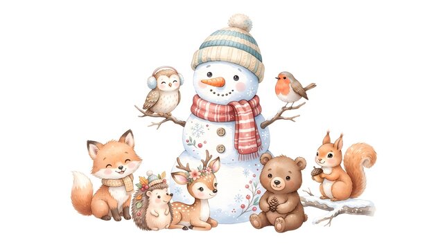 A charming watercolor illustration of cute animals playing together in a winter setting, featuring soft pastel tones and cozy atmosphere.