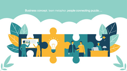 Fototapeta premium Business teamwork and partnership concept, people connecting jigsaw puzzle pieces with idea light bulb vector illustration