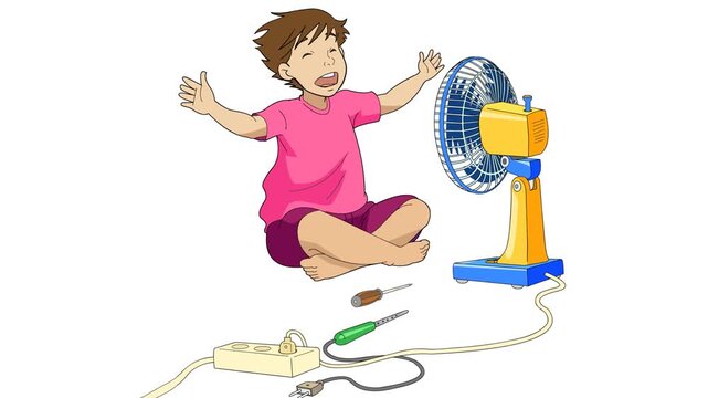 happy boy enjoying cool breeze from an electric desk fan, DIY electronics repair concept