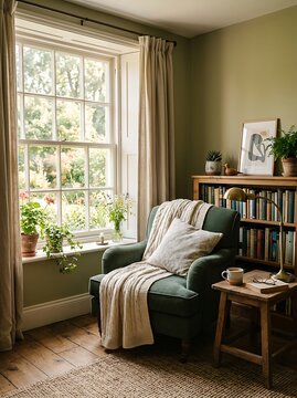 Woman relaxing in cozy reading nook by sunny window with bookshelf and plants
