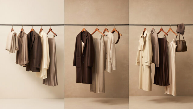 Clothing racks with neutral toned apparel including coats, shirts, and skirts on hangers