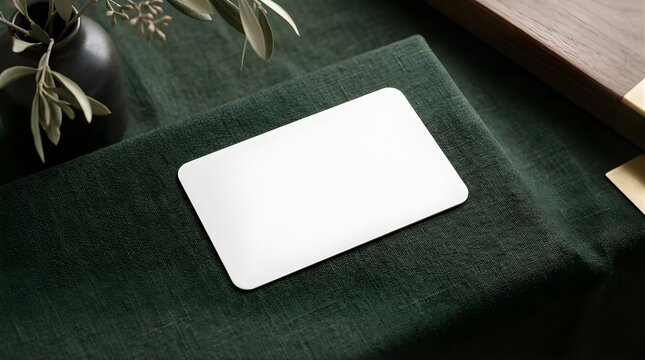Blank rectangular card mockup placed on green linen fabric for branding