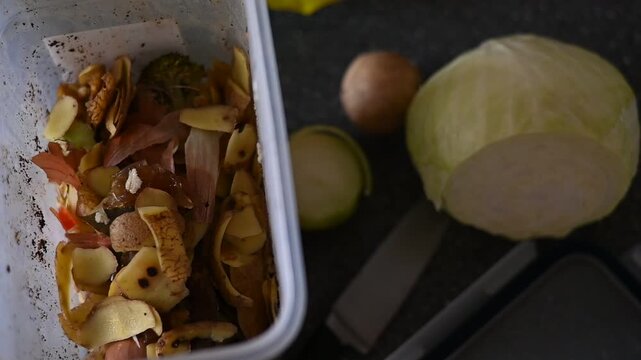 Container with organic kitchen waste and vegetable scraps prepared for composting at home. Sustainable lifestyle and zero waste concept.