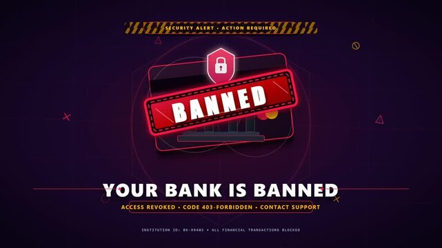 Motion graphic digital banking interface displaying security alert and banned bank account notification message