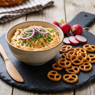 Traditional bavarian obatzda cheese spread dip garnished with red onions and chives served with mini pretzels on slate board