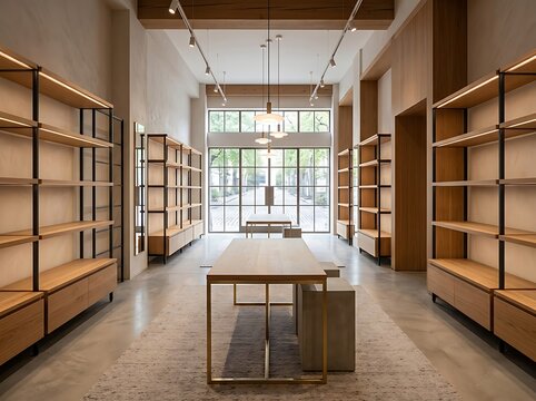 Modern luxury boutique interior with minimalist wooden shelving and warm lighting display
