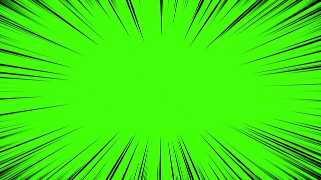 Black speed lines radiating from center on a bright green background for comic book effects with center against vibrant video displays black