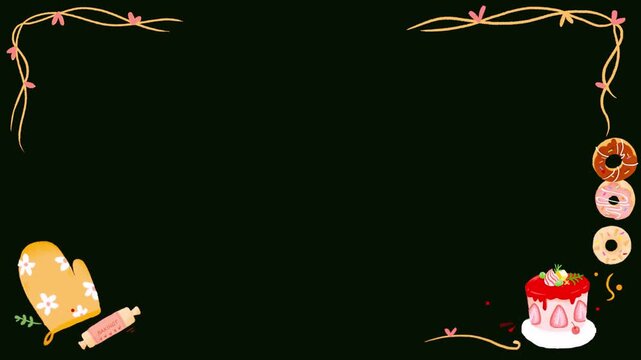 Animated dessert borders featuring illustrated donuts and strawberry cakes on a dark black background with displays repeating animation treats arranged decorative
