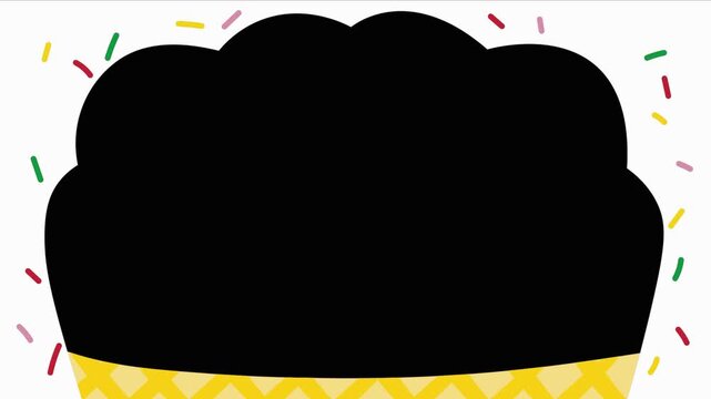 Three black cupcake silhouettes with yellow waffle bases decorated with colorful sprinkles on white background with illustrations yellow textured