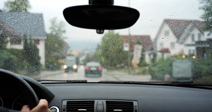 POV car driving on rainy village main road with oncoming traffic through wet windshield