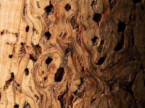 Close up of weathered tree bark with holes and natural wood grain texture
