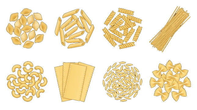 Vector Illustration of Eight Varieties of Dry Pasta and Italian Food Ingredients isolated on white background