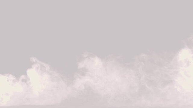 White smoke rising from the bottom against a solid light gray background in slow motion with billowing drifting upwards with against plain, atmospheric