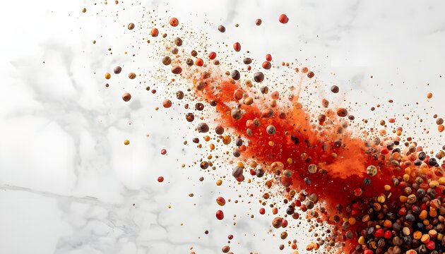 a dynamic frozen-motion explosion of multi-colored peppercorns bursting