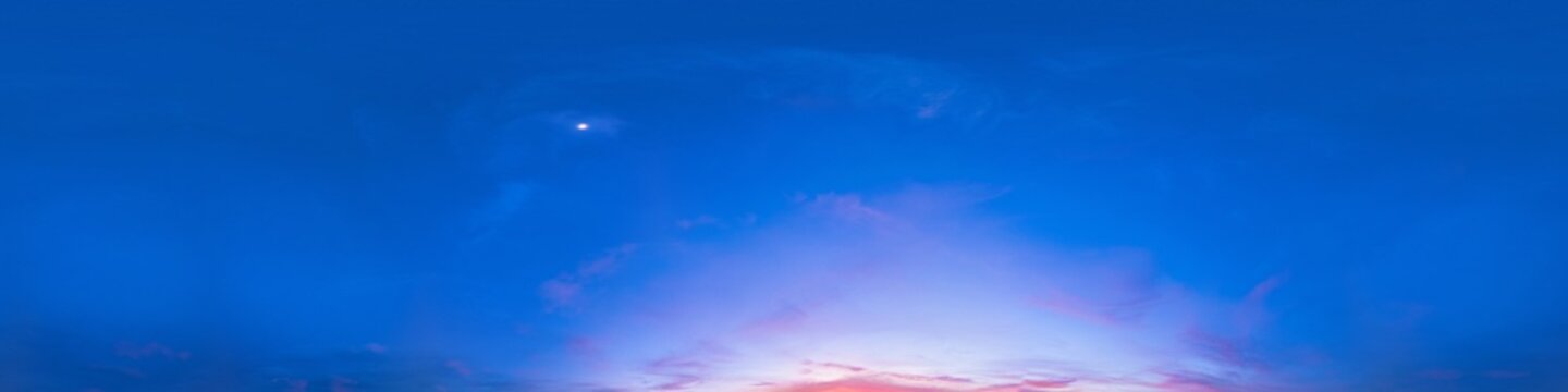 Sky panorama sunset HDR spherical background showing glowing clouds at dusk for 3D visualization and sky replacement