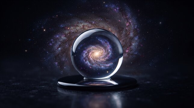 Mystical crystal ball with spiral galaxy, cosmic glass sphere on dark surface, astronomical nebula magic orb for astrology and science