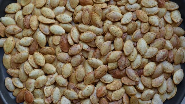 Roasted seasoned pumpkin seeds as background close up. Salted and spicy toasted seeds texture, autumn healthy snack.