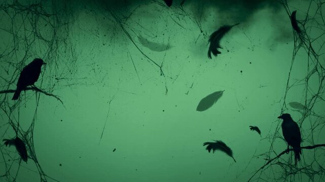 Silhouettes of black crows perched on branches with floating feathers against a dark green foggy background with green atmospheric setting sitting tangled branches