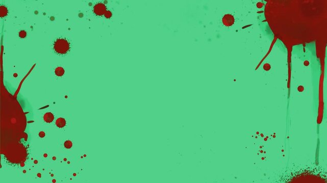 Red paint splashes on a vibrant green background forming a repeating pattern for design with paint splatters against against solid teal video red liquid