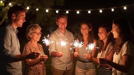 Fototapeta premium Multigenerational group smiling with sparklers under warm string lights at outdoor night celebration, with sparkler, celebration