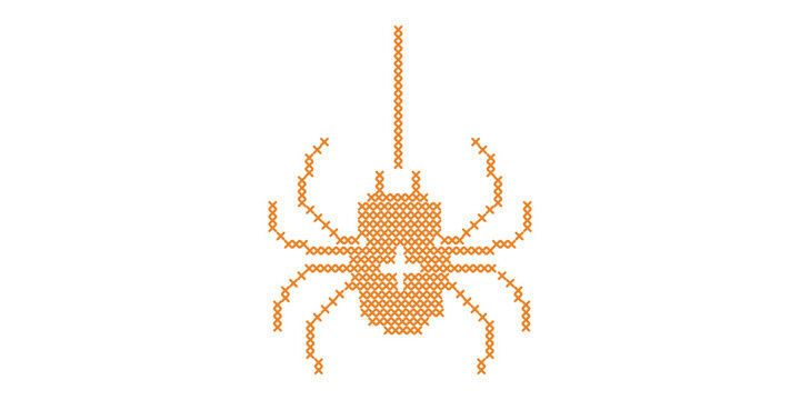 Cross stitch Halloween hanging spider element. Spooky embroidery folk art clipart. Arachnid motif on web thread for digital crafting and seasonal holiday graphics.