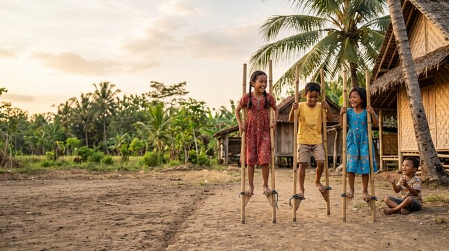 Happy Rural Indonesian Children Play With Traditional Egrang Stilts in Village at Sunset