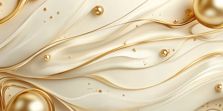 Elegant luxury gold texture with pearls, abstract cream background with shiny metallic spheres, sophisticated 3D render design