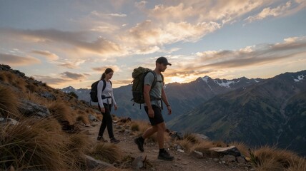 Obraz premium Couple hiking along rocky alpine ridge at sunset with backpacks, warm golden light, snow-capped peaks, open valley, and sweeping mountain panorama